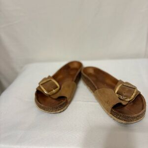 Birkenstock Madrid Big Buckle sandals in a brown oiled leather finish.
